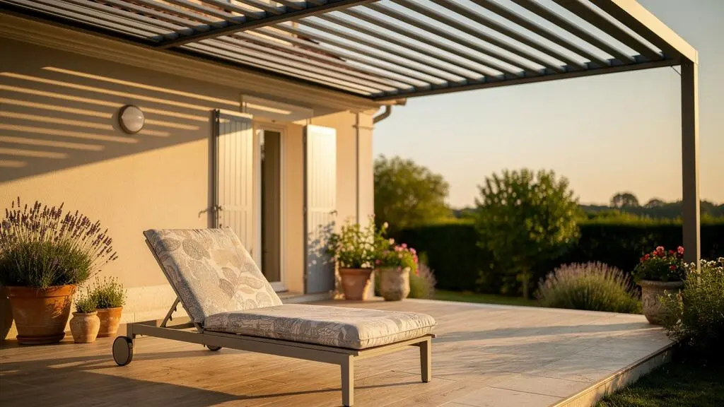 Terrasse française aménagée avec pergola, mobilier confortable et protections solaires en fin de journée