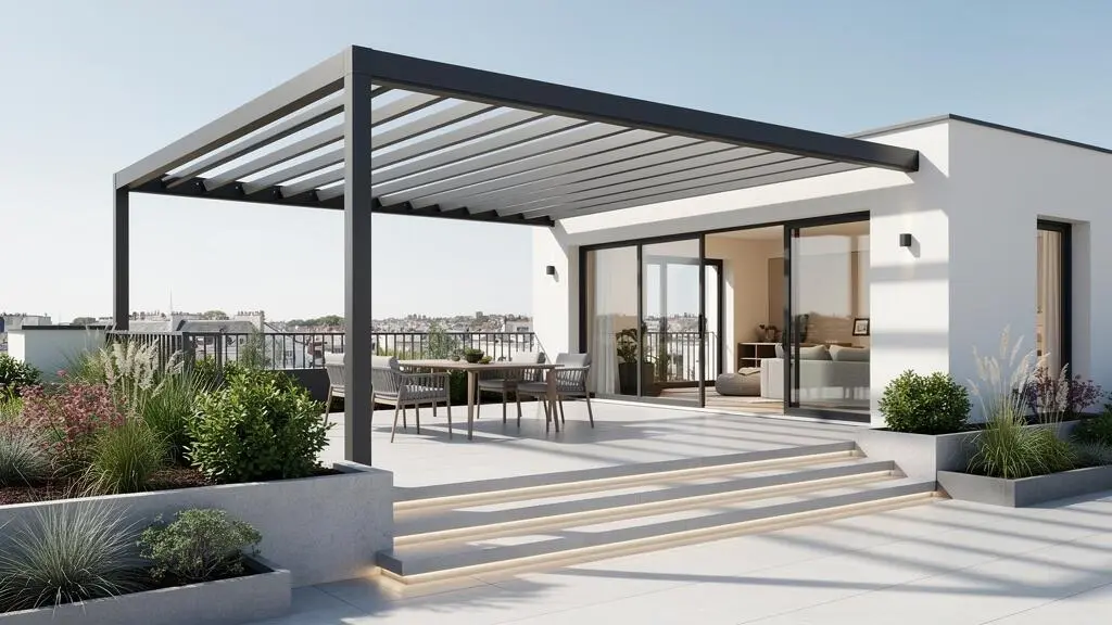 Vue large d'une terrasse contemporaine équipée d'une pergola en aluminium, dans un environnement extérieur moderne aux lignes épurées