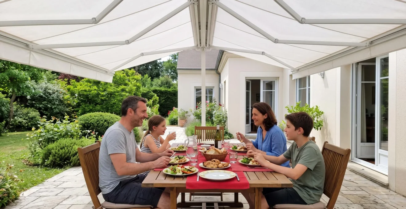 Une famille profite d'un déjeuner sur une terrasse ensoleillée abritée sous un store double pente blanc déployé