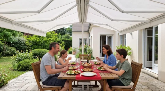 Une famille profite d'un déjeuner sur une terrasse ensoleillée abritée sous un store double pente blanc déployé