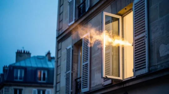 Facade d'un immeuble francais avec fenetres recentes et volets mi-ouverts, illustrant l'equilibre entre etancheite et renouvellement d'air