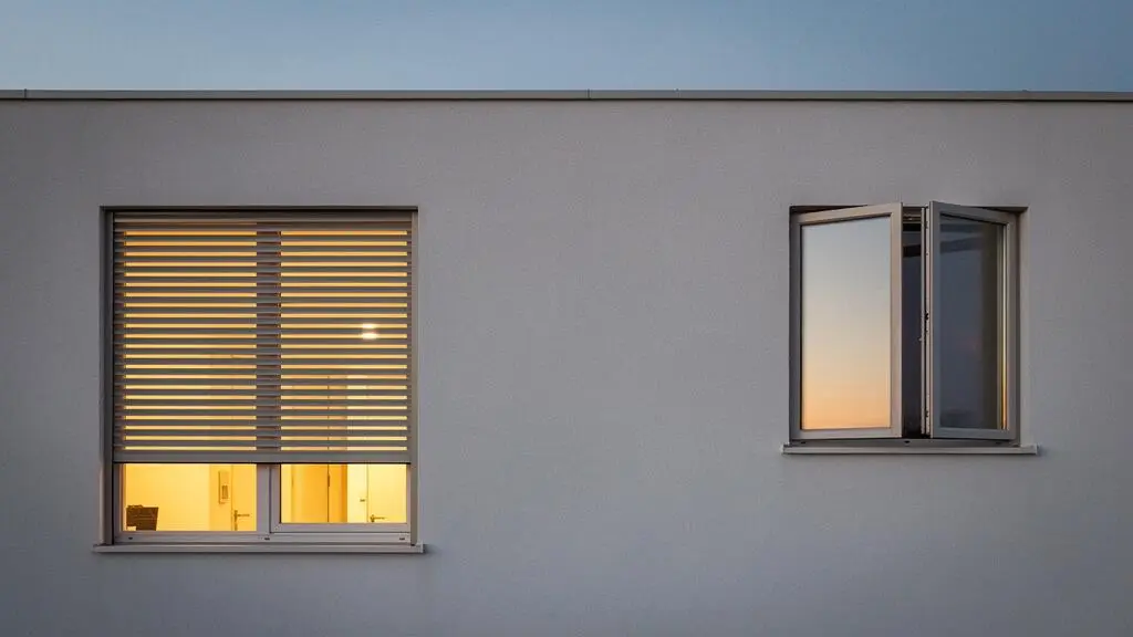 Façade d'une maison contemporaine française au crépuscule avec un volet roulant à mi-hauteur symbolisant la protection thermique, solaire et sécuritaire réunies en un seul équipement