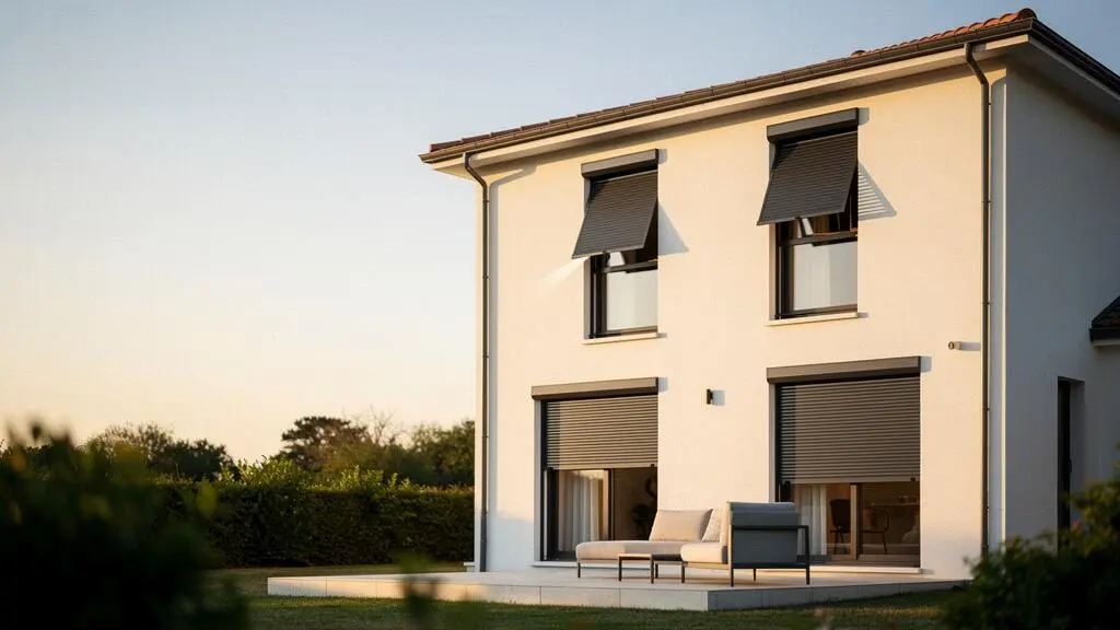 Façade contemporaine d'une maison française équipée de volets roulants motorisés en aluminium, illustrant le confort et la modernité de l'habitat connecté