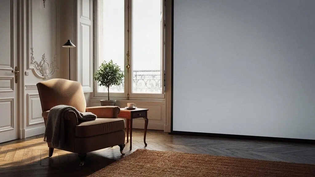 Salon lumineux avec un fauteuil placé près d'une grande baie vitrée, symbolisant un espace de vie reconquis grâce à une meilleure isolation